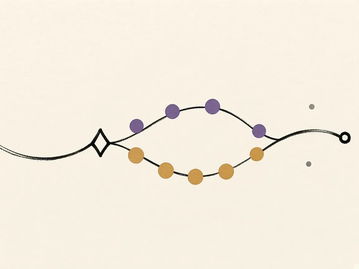 An ink line splits after a diamond into two paths, one of violet dots and one of ochre dots, which then join again