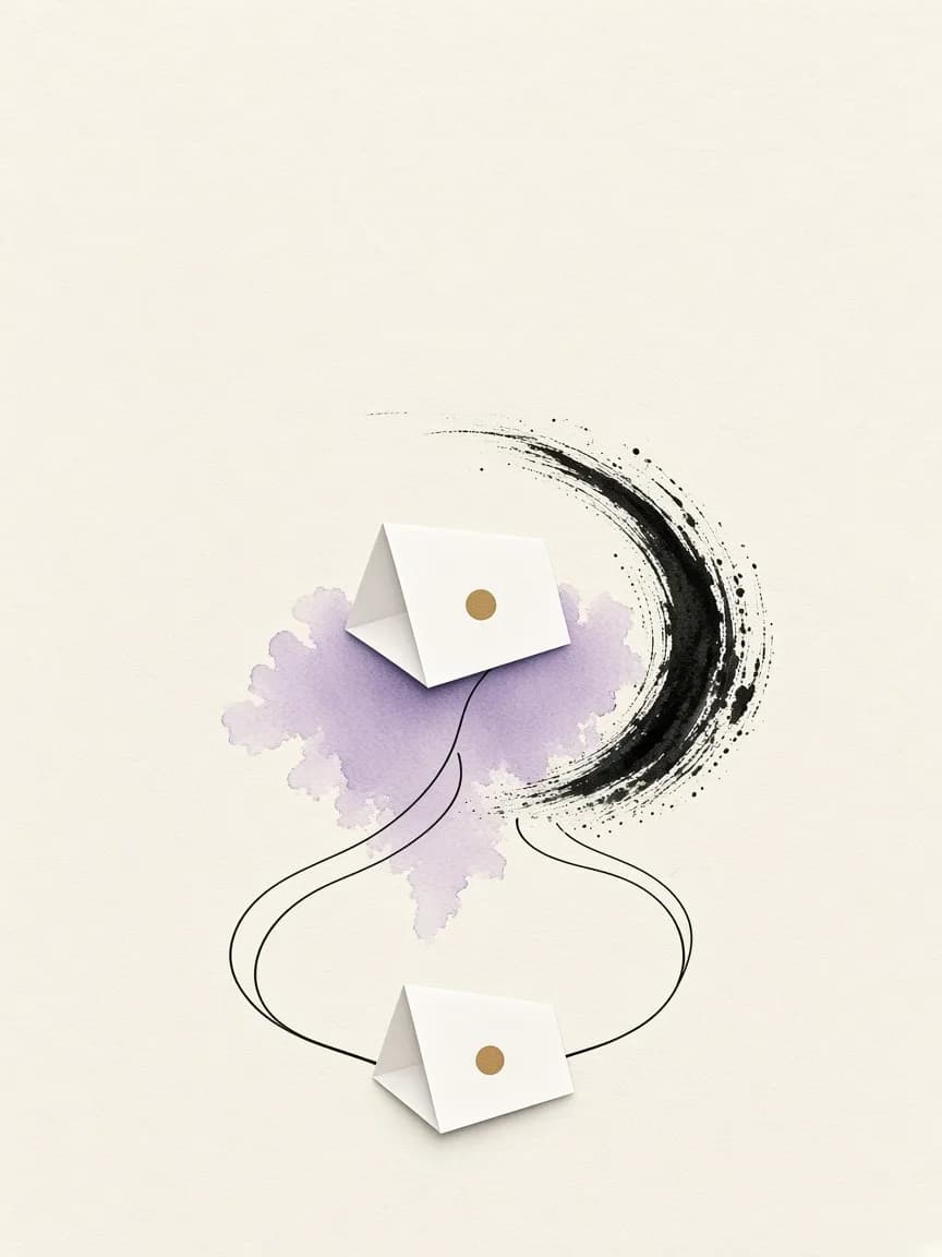 Two white paper envelopes linked by fine ink lines, over a violet wash and a black brushstroke