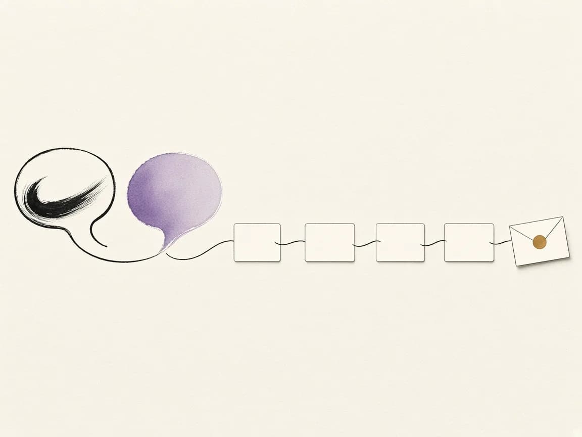 Two speech bubbles, one in black ink and one in violet wash, linked to a row of cards leading to an ochre-sealed envelope