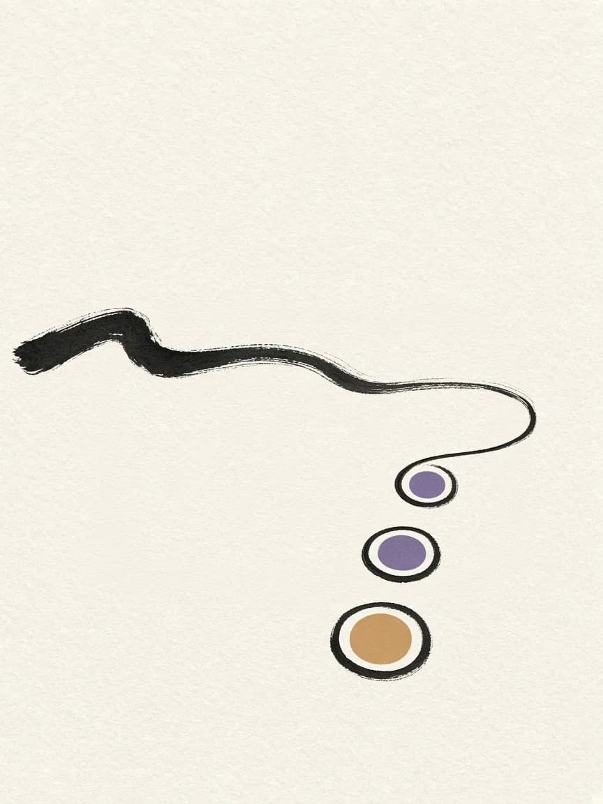 A black ink brushstroke thins into a line leading to three circles, two violet and one ochre