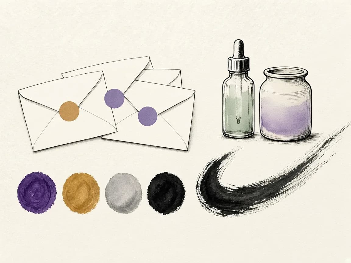 Envelopes sealed with violet and ochre dots next to a dropper bottle and a jar, with a four-color swatch and a black brushstroke
