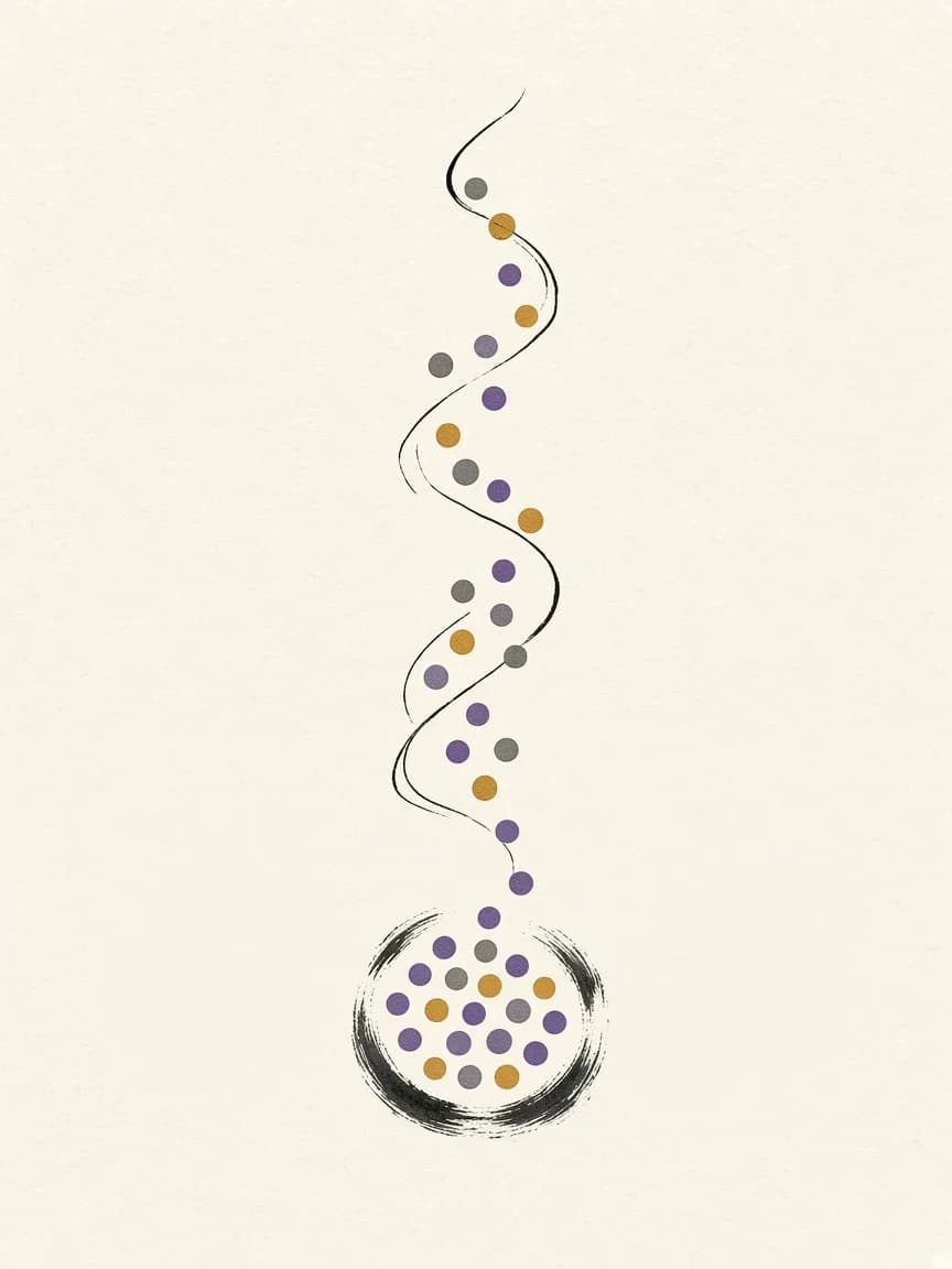 Violet, ochre and grey dots flow down a wavy ink line into a brush-drawn circle