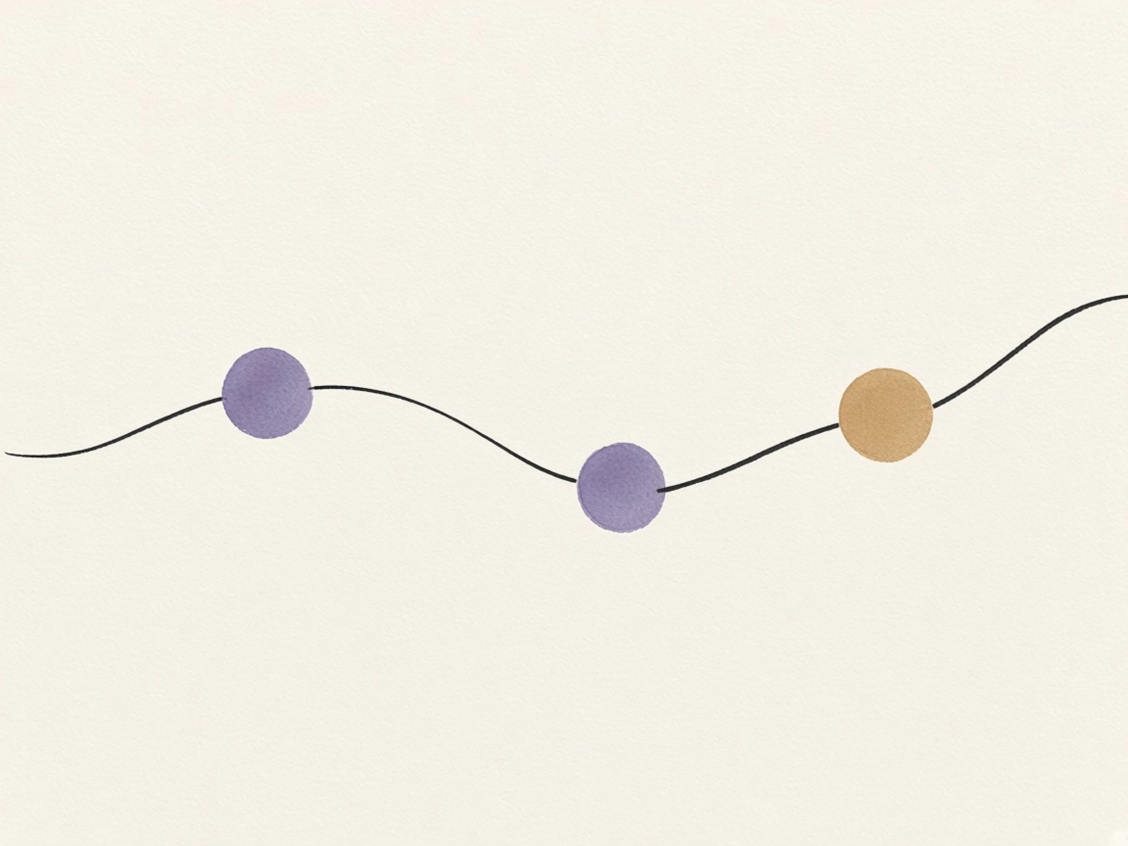 A fine ink line linking violet and ochre circles on ivory paper