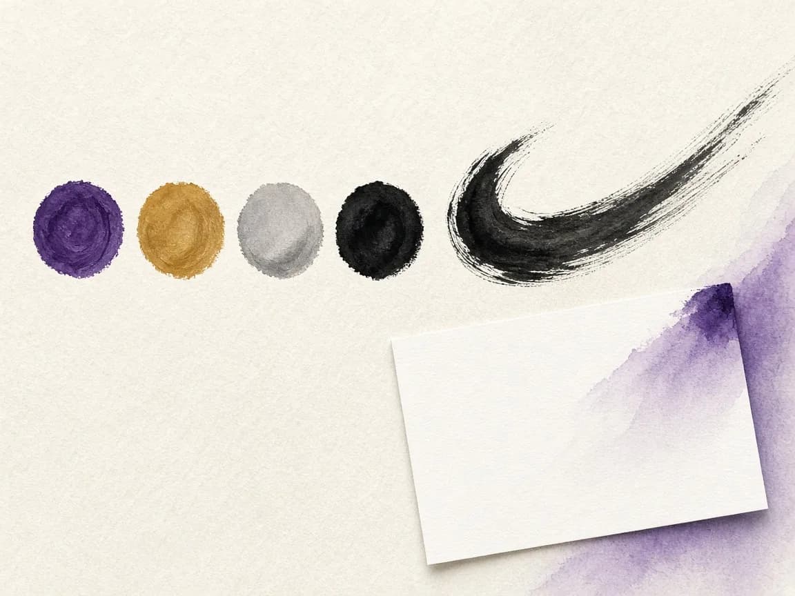 Quatre pastilles de peinture violette, ocre, grise et noire à côté d'un coup de pinceau et d'une carte teintée de violet