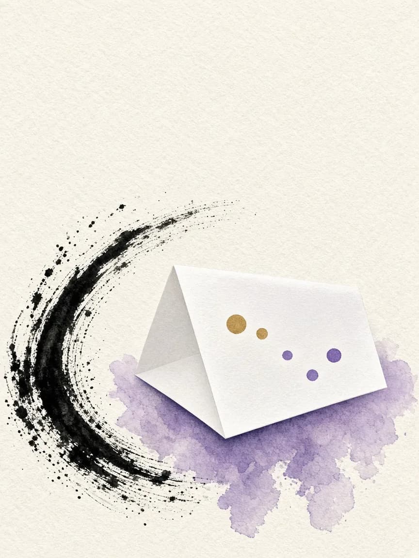 Une carte de papier blanc se dresse sur un lavis violet, à côté d'un coup de pinceau noir