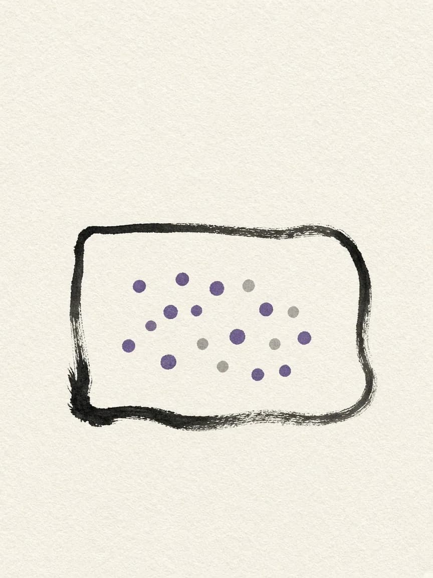 Un coup de pinceau à l'encre noire dessine un cadre de fenêtre rempli de points violets et gris
