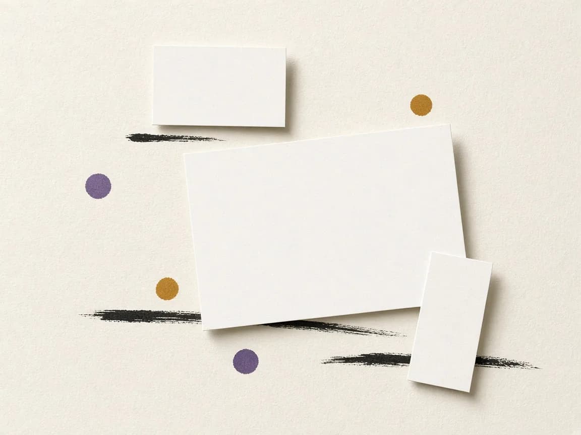 Trois cartes de papier blanc de tailles différentes, soulignées de coups de pinceau noirs