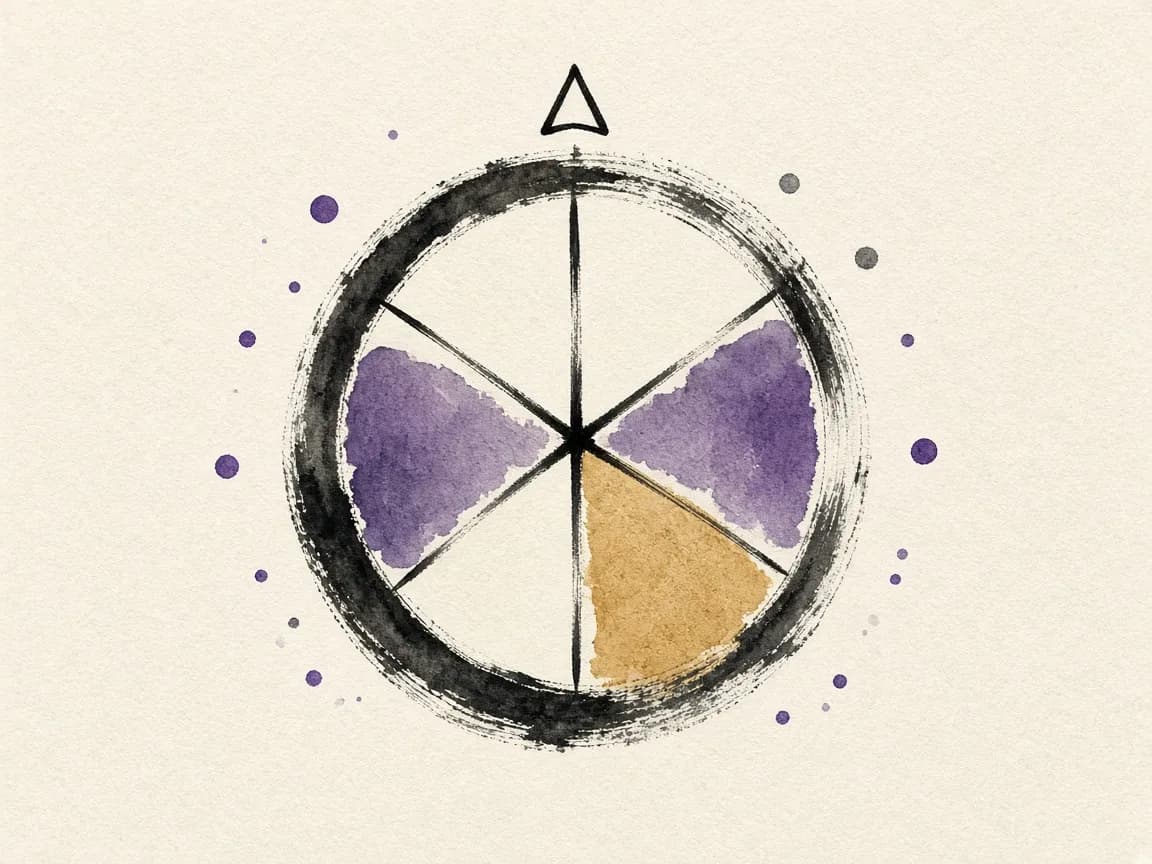 Une roue d'encre noire divisée en parts, certaines remplies de violet et d'ocre, sous une flèche