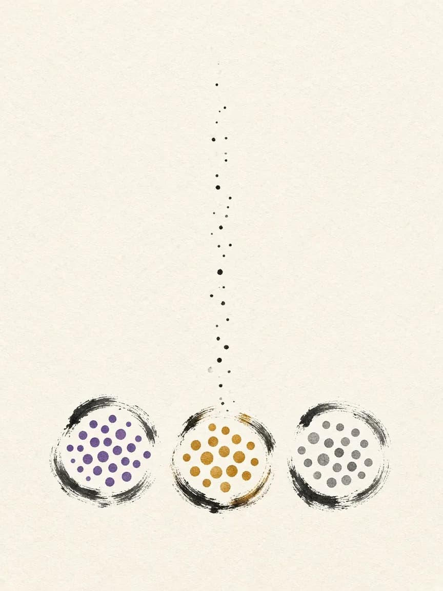 Une pluie de points se répartit en trois groupes violet, ocre et gris, chacun entouré d'un cercle d'encre
