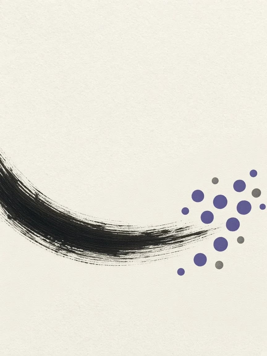Trait d'encre noire au pinceau qui se disperse en points violets sur papier ivoire