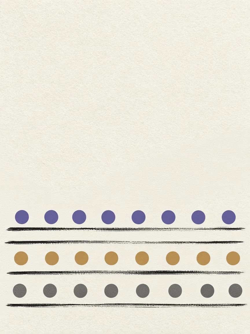 Points violets, ocre et gris alignés sur des lignes d'encre tracées au pinceau