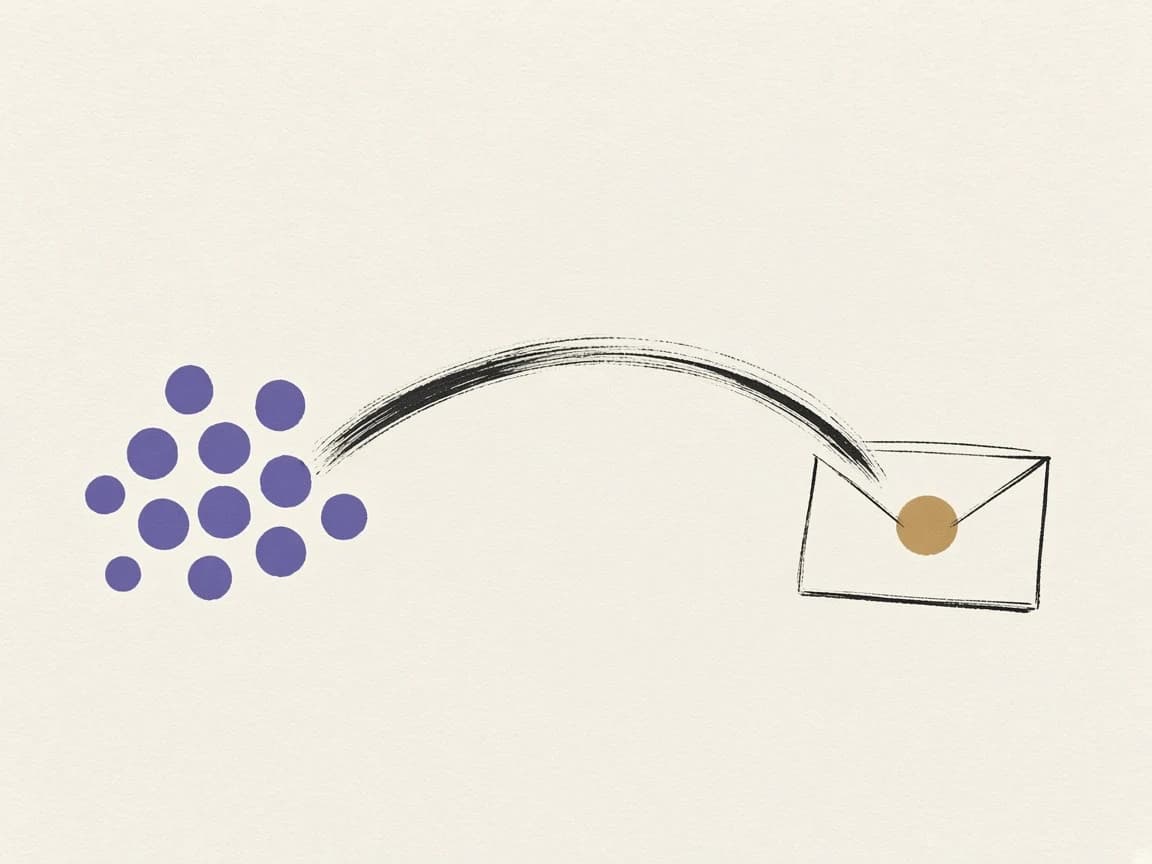 Un arc d'encre relie un groupe de points violets à une enveloppe scellée d'un point ocre