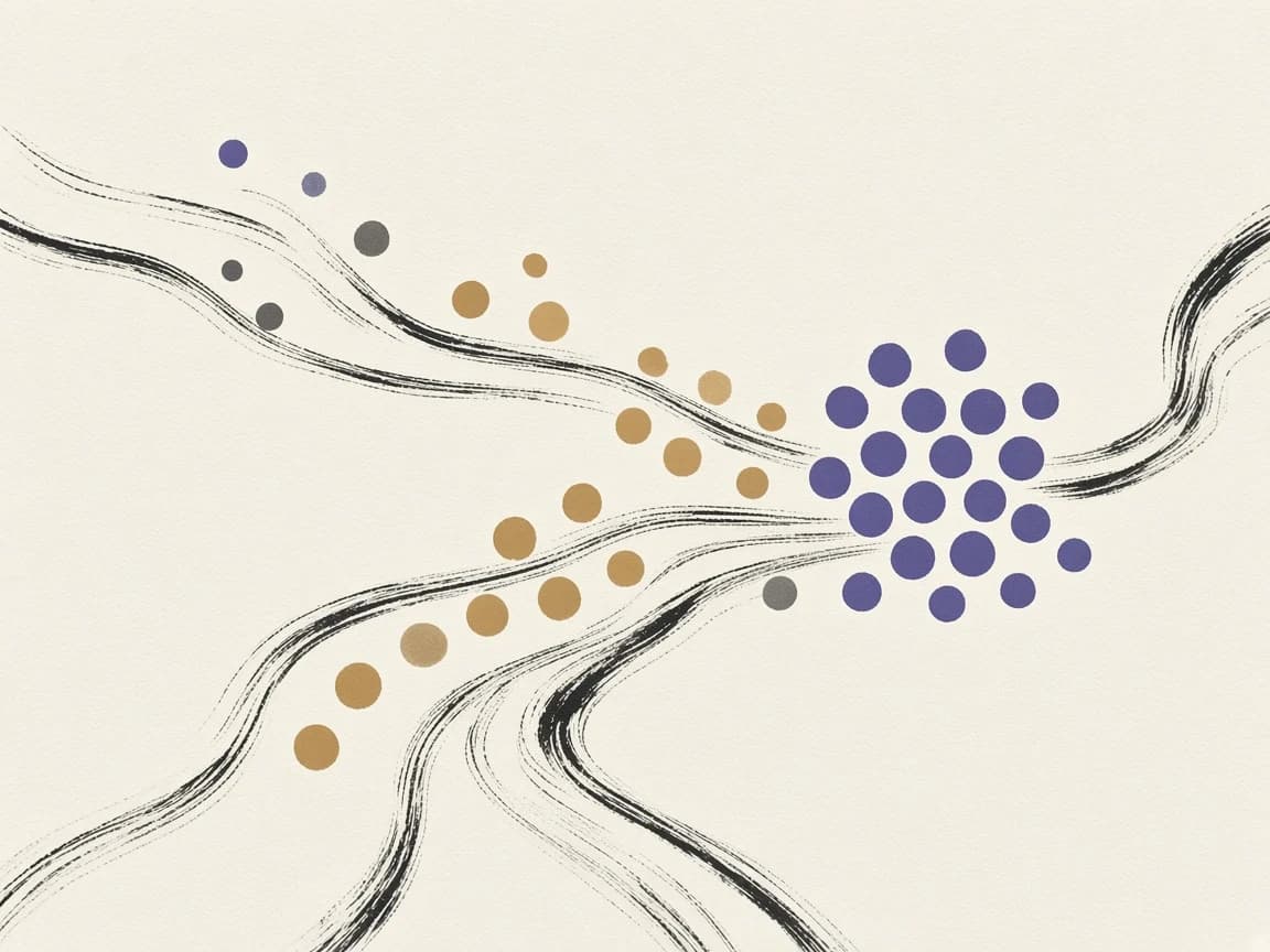 Lignes d'encre qui convergent vers un groupe de points violets, avec des points ocre en chemin