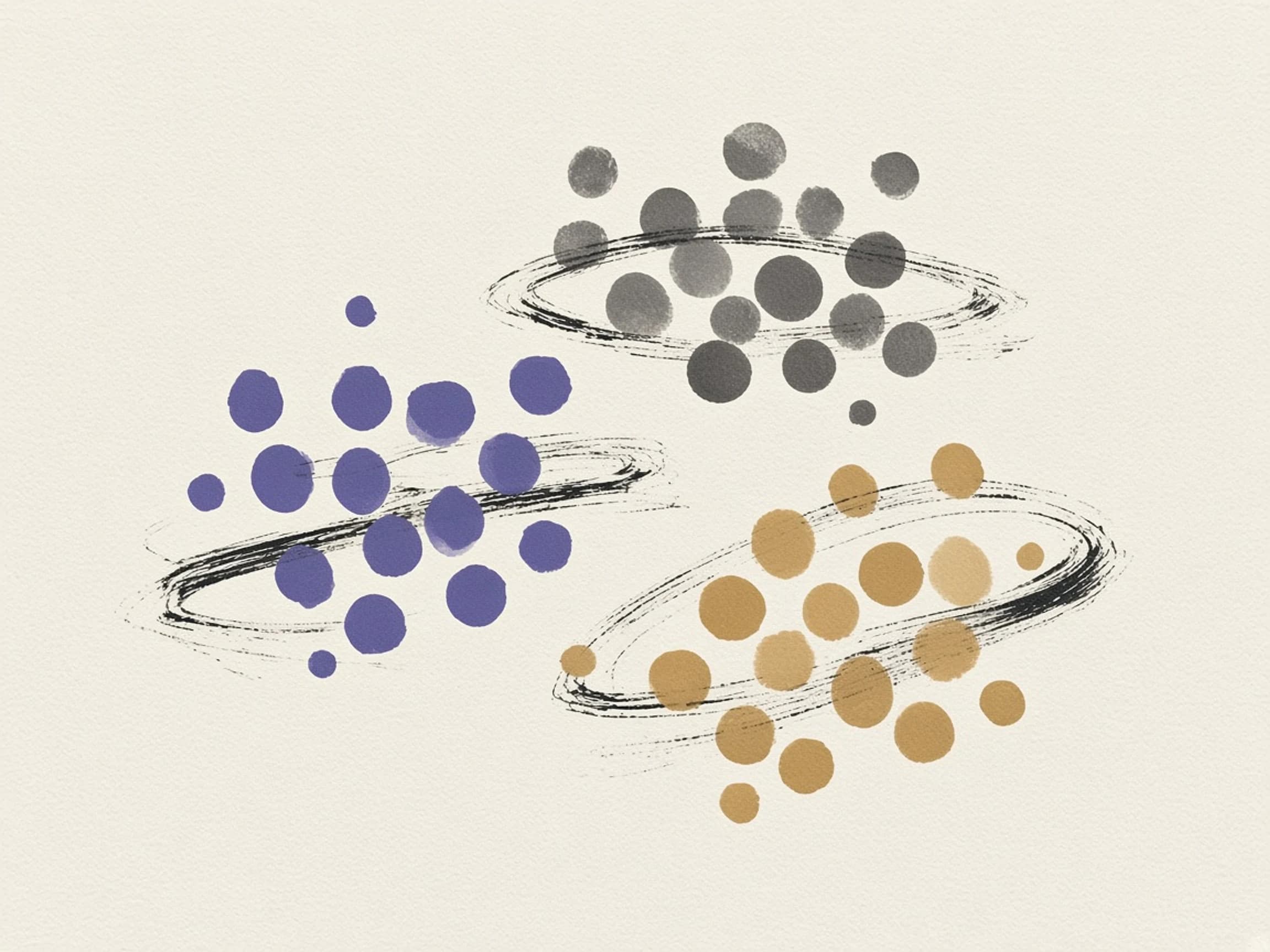 Three clusters of violet, grey and ochre ink dots, each circled by a brushstroke
