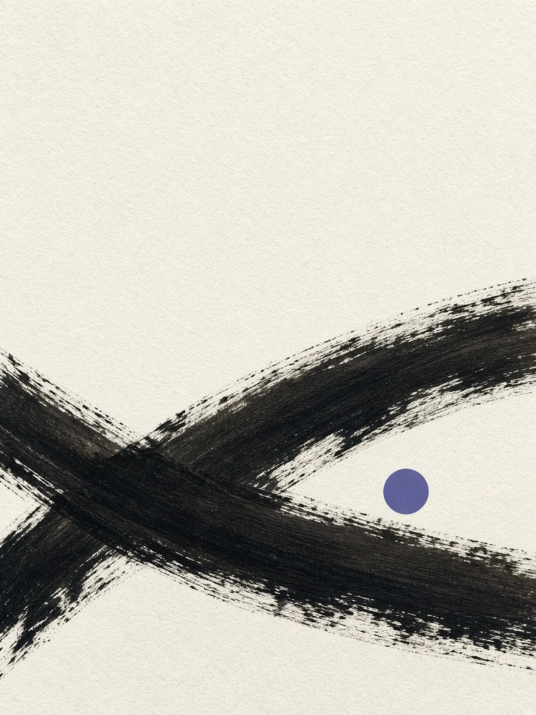 Black ink brushstroke on ivory paper, with a violet dot