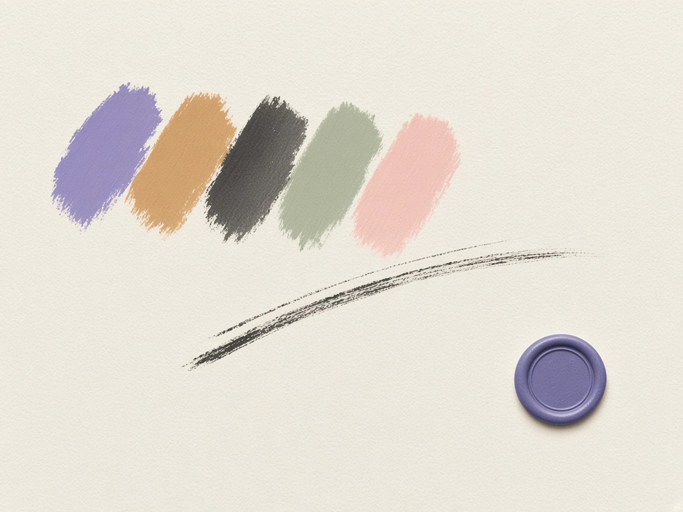 Five paint swatches in violet, ochre, charcoal, sage and blush next to a violet wax seal