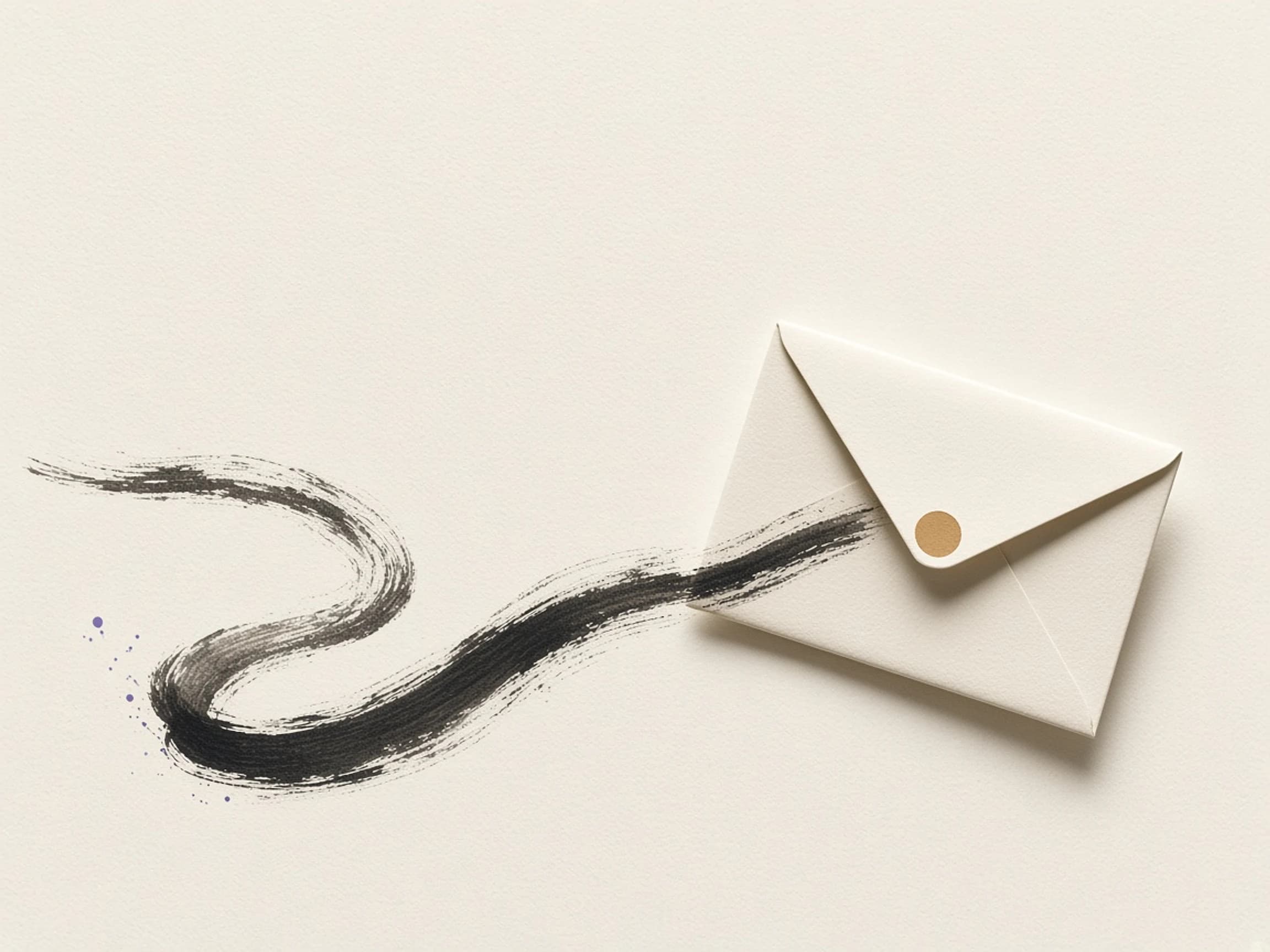 Charcoal ink brushstroke ending in a folded ivory paper envelope