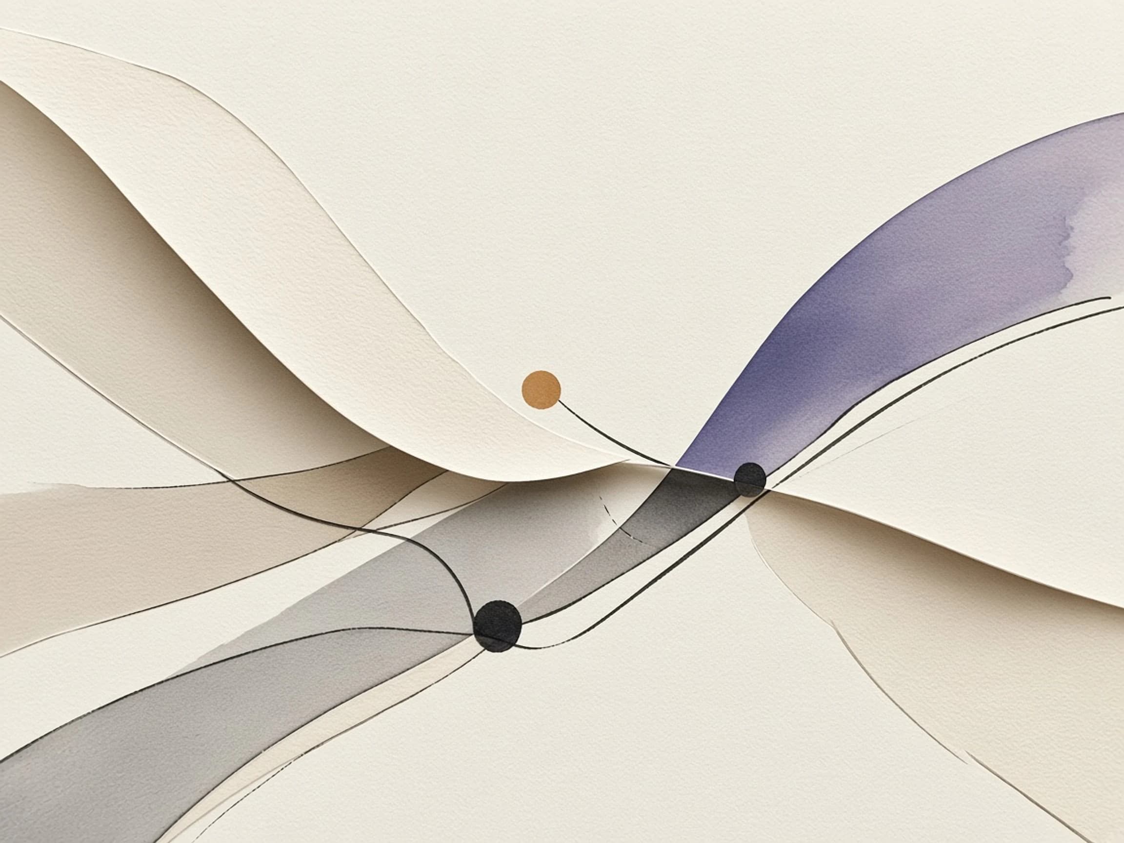 Ivory, grey and violet paper ribbons interlocking like a flow, joined by thin ink lines