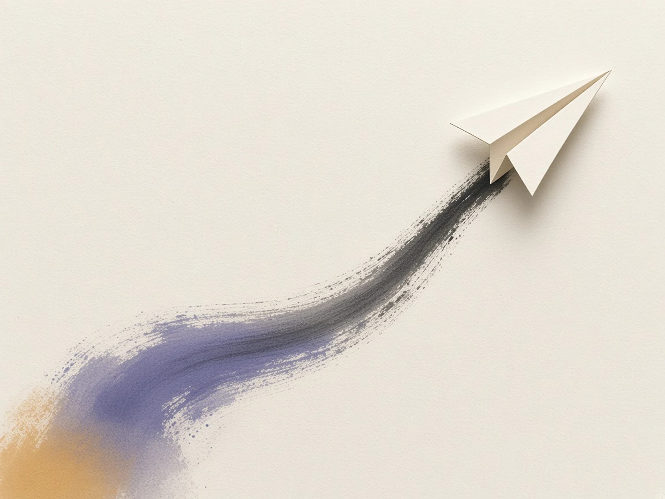 Ivory paper plane flying away, trailing charcoal and violet ink